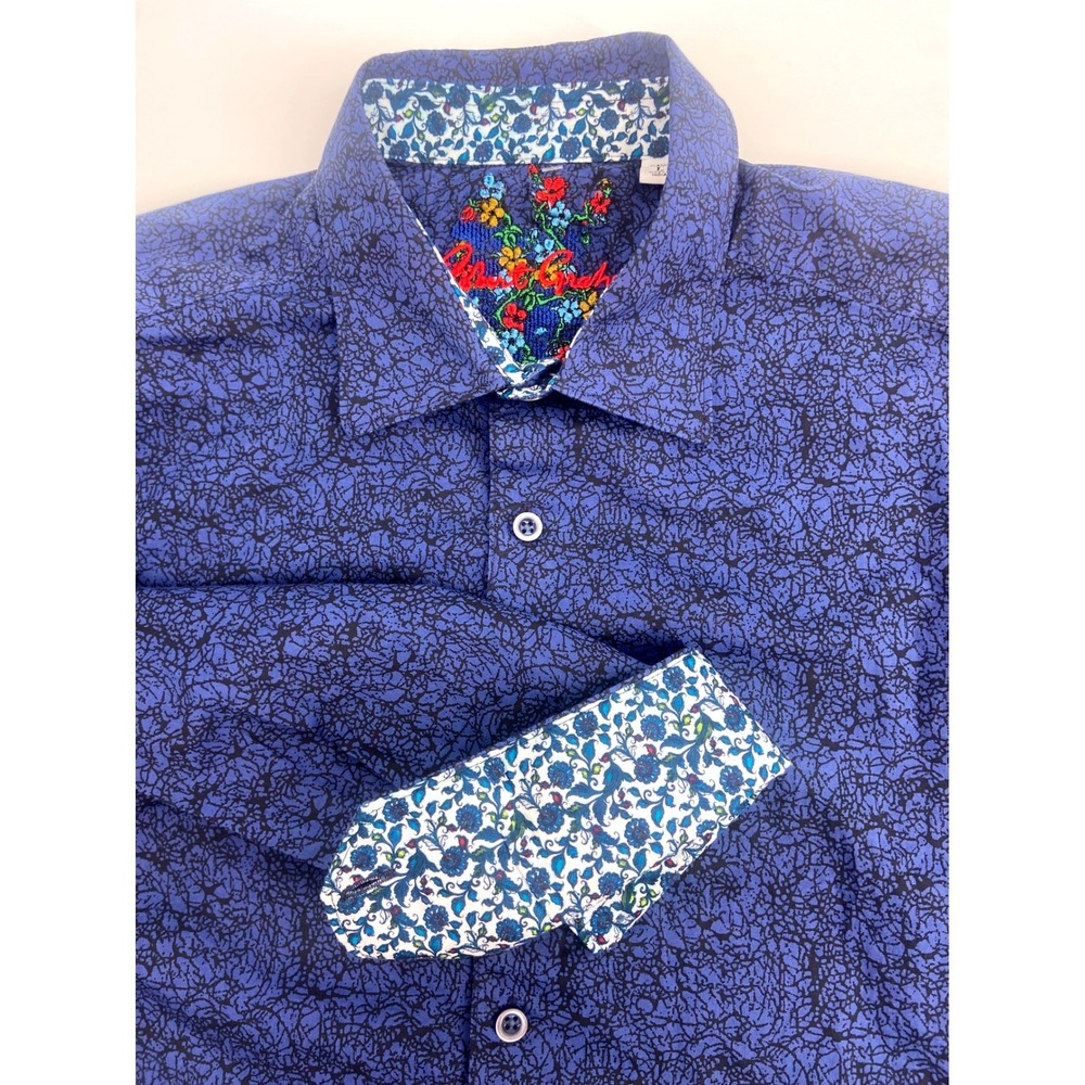 Robert‎ Graham Navy Blue Crackle Print Floral Contrast Long Sleeve Shirt Large